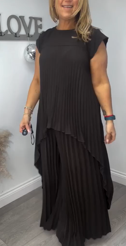 Laney Pleated Short Sleeve Irregular Midi Top and Elastic Waist Wide Leg Pants Set