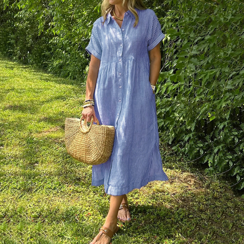 🔥LAST DAY SALE 50% OFF🔥Striped Lapel Button Down Shirt Dress | With Functional Pockets