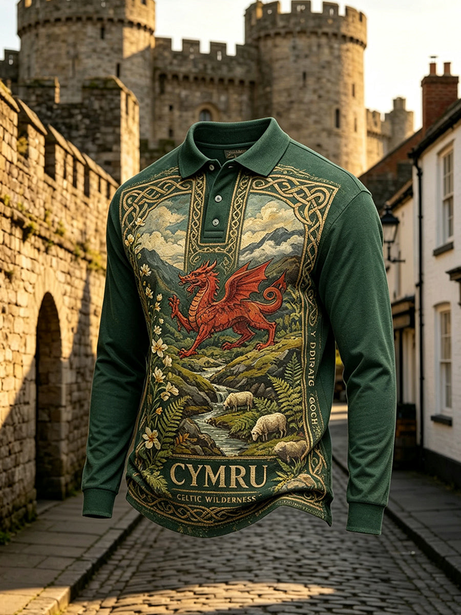 Men's Welsh-Style Patterned Print Polo Shirt