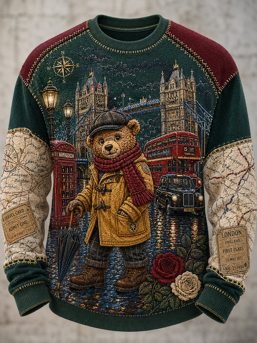 Men's London Bear Printed Waffle Long Sleeved Round Neck Sweatshirt