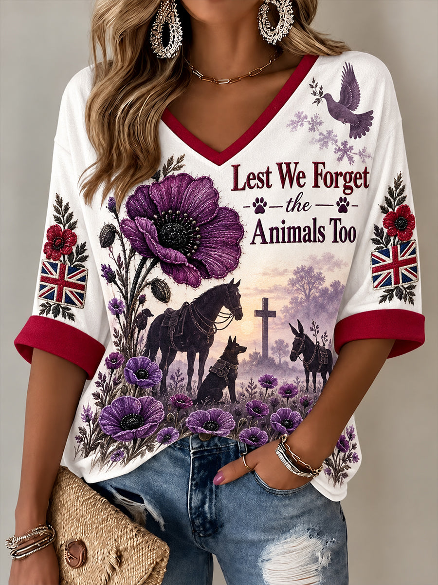 Women's Uk Remembrance Day Commemorating Animals In War Embroidery Pattern Linen V-Neck Shirt