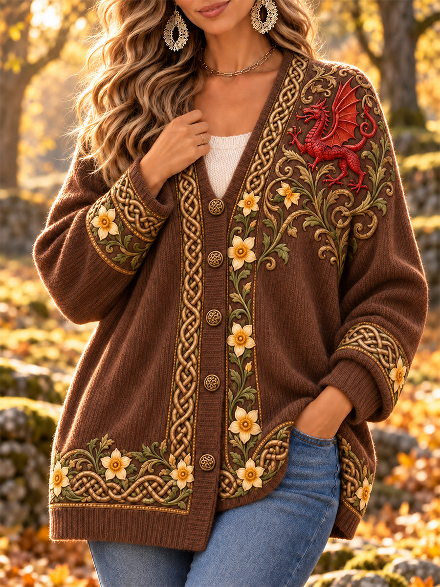 Women's Welsh Red Dragon Printed Cardigan Sweater