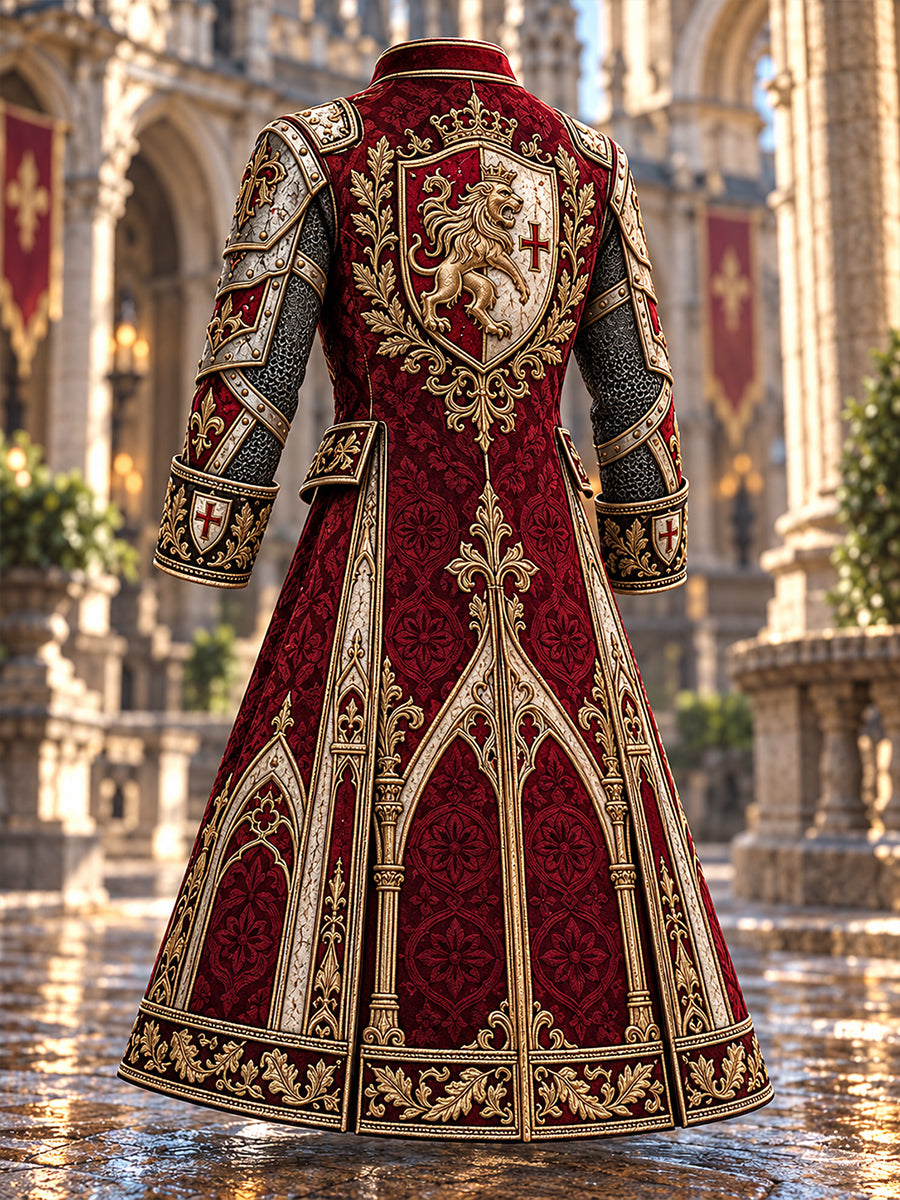 Men's British Knights Templar-Themed Print Long Coat