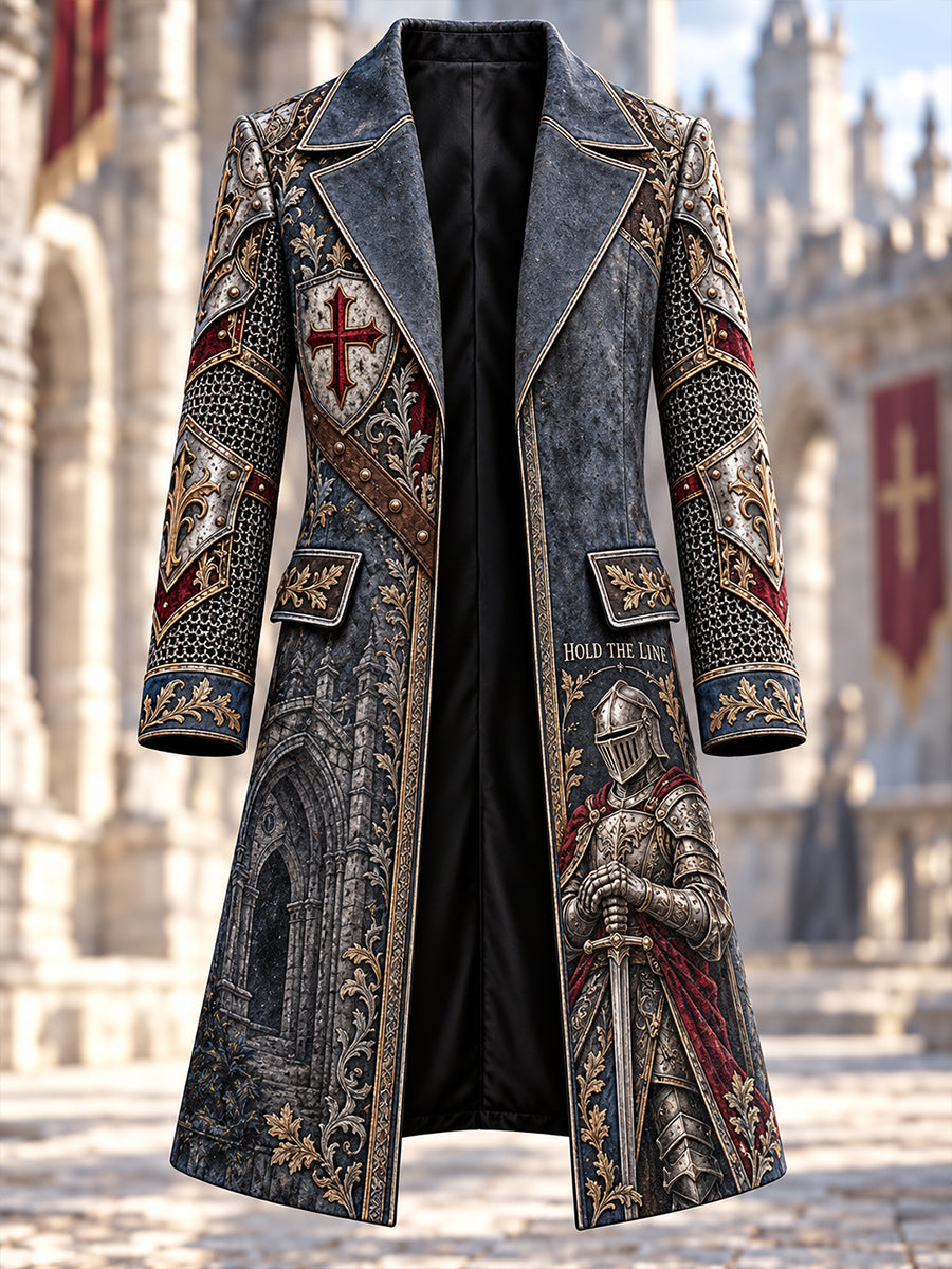 Men's British Knights Templar-Themed Print Long Coat