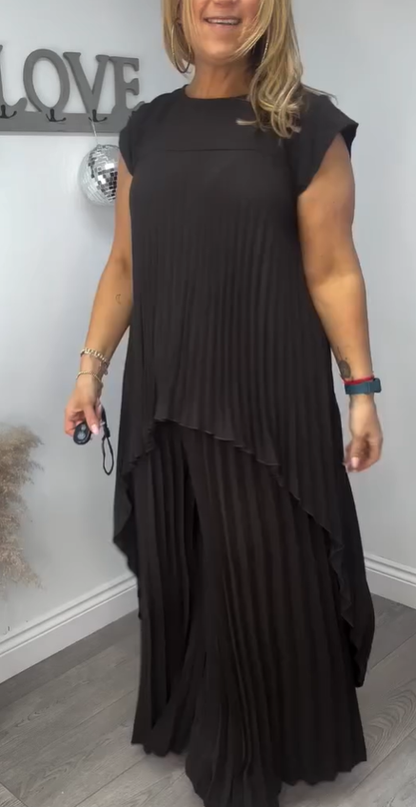 Laney Pleated Short Sleeve Irregular Midi Top and Elastic Waist Wide Leg Pants Set