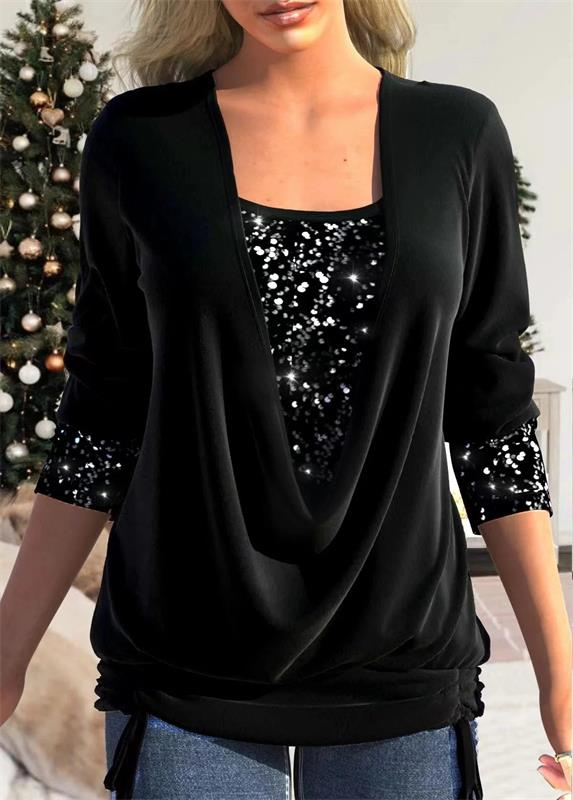 🔥Package!🔥Sequin Loose Smocked Fake Two-Piece Top
