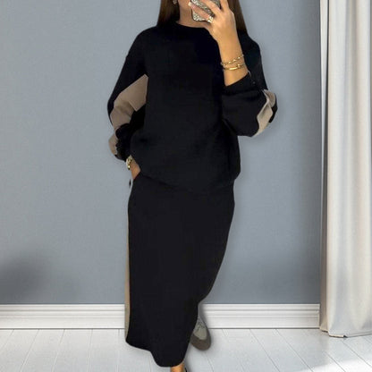 🎅2025 New Year Promotion🎄Loose Color Block Long Sleeve Top & Split Skirt Set