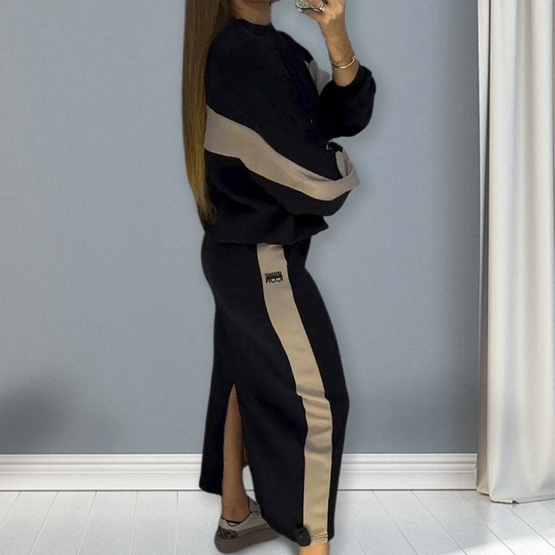 🎅2025 New Year Promotion🎄Loose Color Block Long Sleeve Top & Split Skirt Set