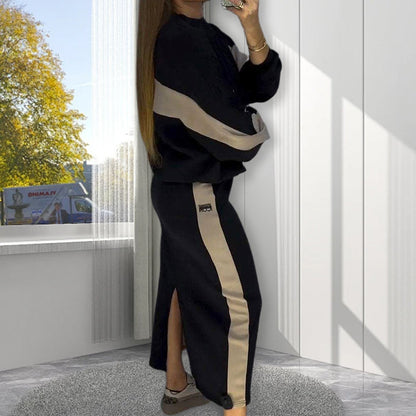 🎅2025 New Year Promotion🎄Loose Color Block Long Sleeve Top & Split Skirt Set