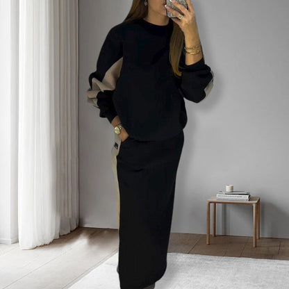 🎅2025 New Year Promotion🎄Loose Color Block Long Sleeve Top & Split Skirt Set