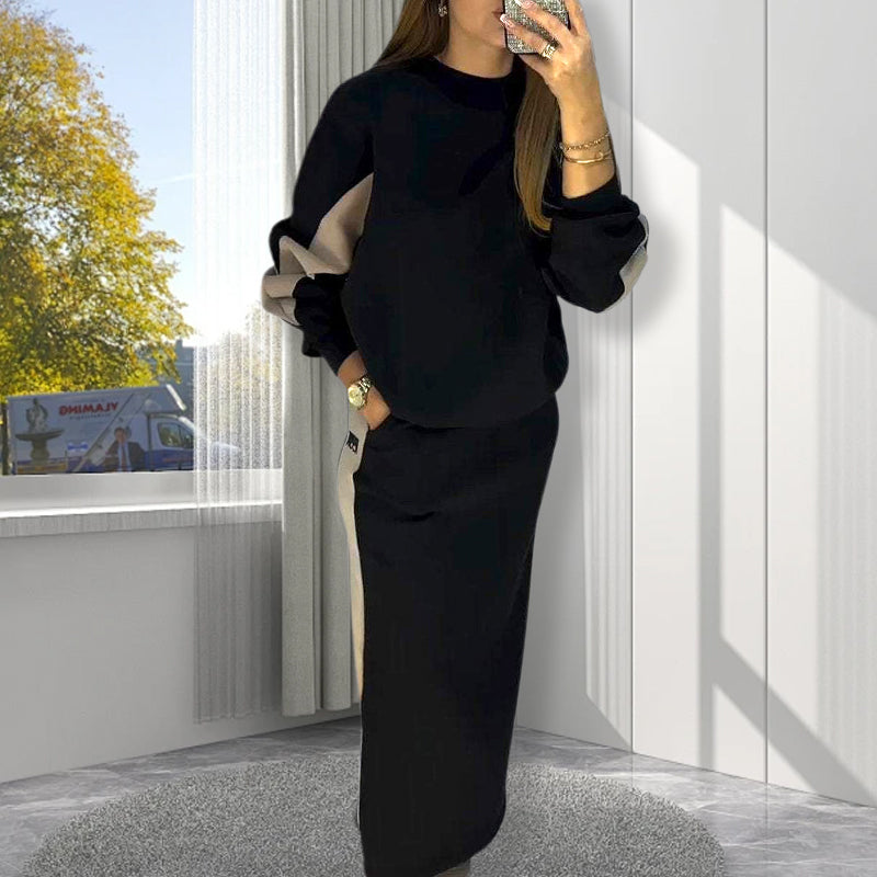 🎅2025 New Year Promotion🎄Loose Color Block Long Sleeve Top & Split Skirt Set