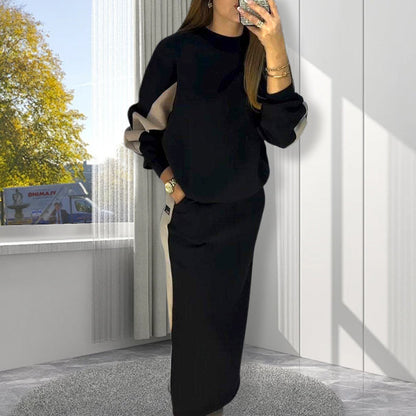 🎅2025 New Year Promotion🎄Loose Color Block Long Sleeve Top & Split Skirt Set