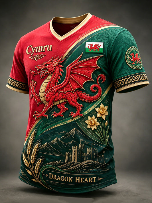 Men's Welsh Red Dragon Cultural Elements Art Print T-Shirt