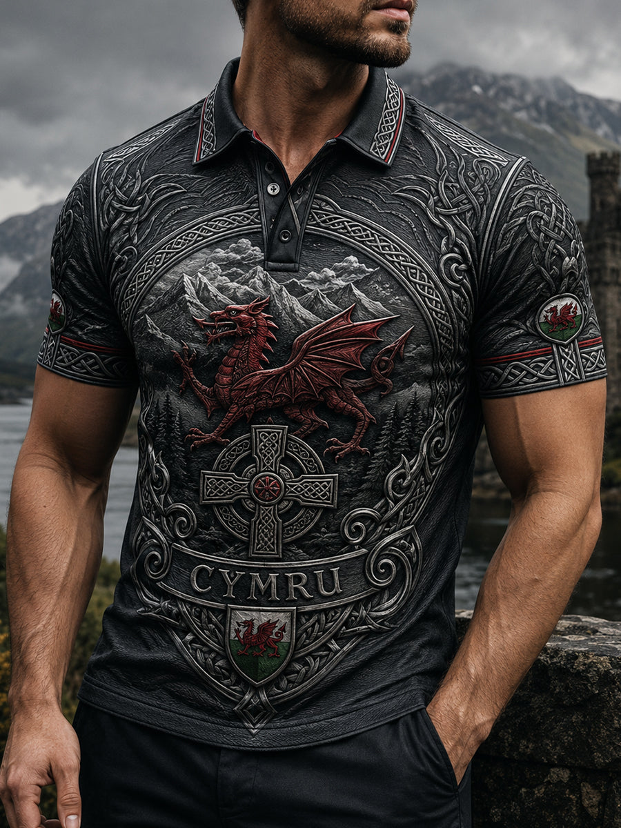 Men's Welsh Red Dragon Art Print Polo