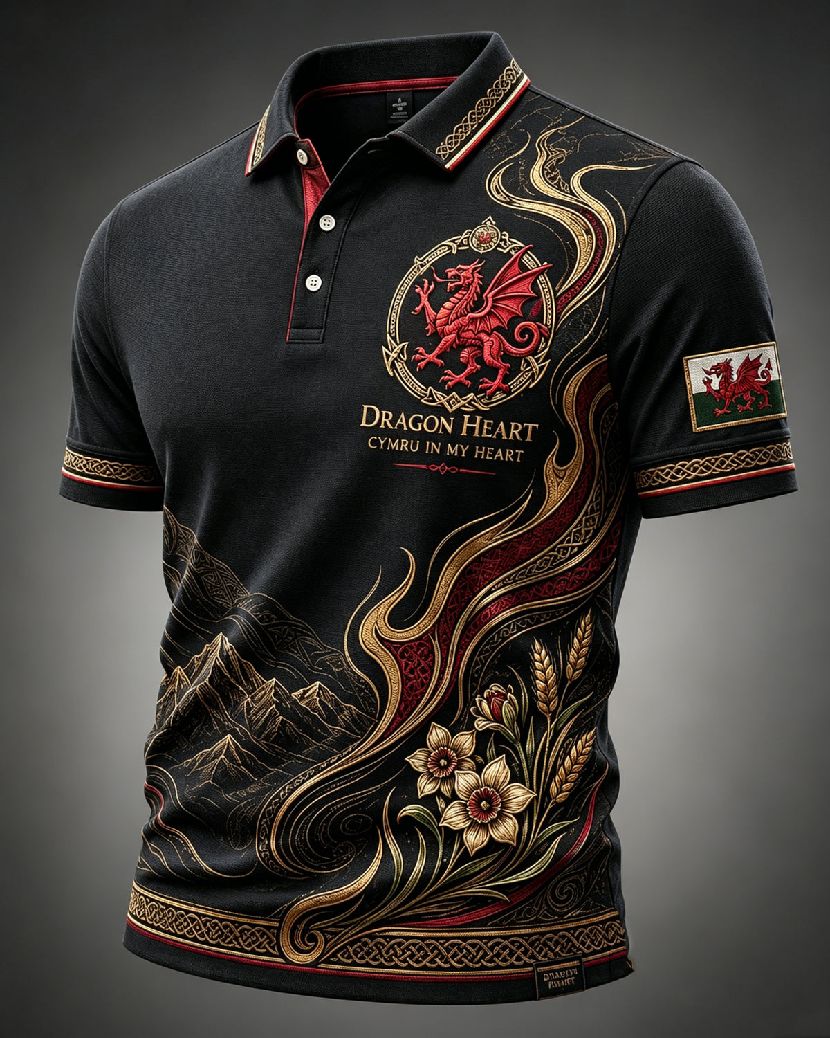 Men's Welsh Red Dragon Cultural Elements Art Print Polo