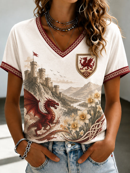 Women's Welsh Dragon Printed V-neck T-shirt