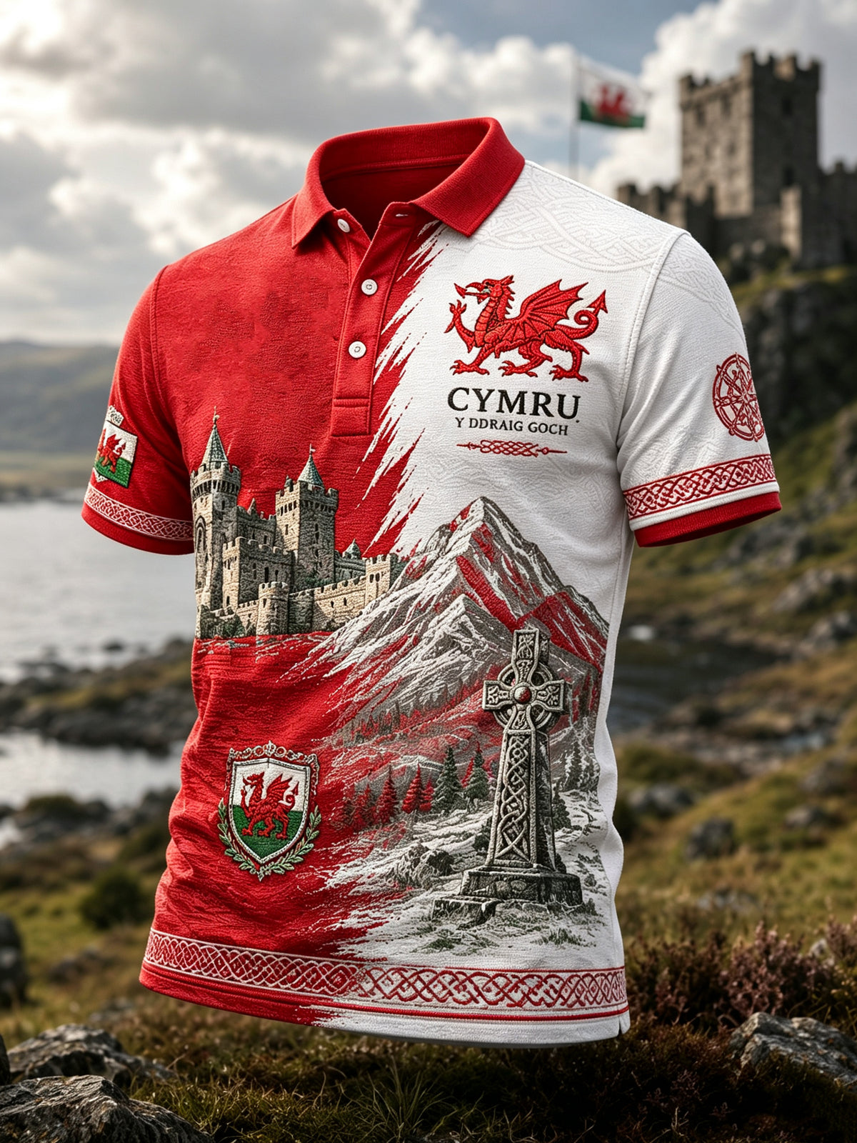 Men's Welsh Red Dragon Cultural Elements Art Print Polo