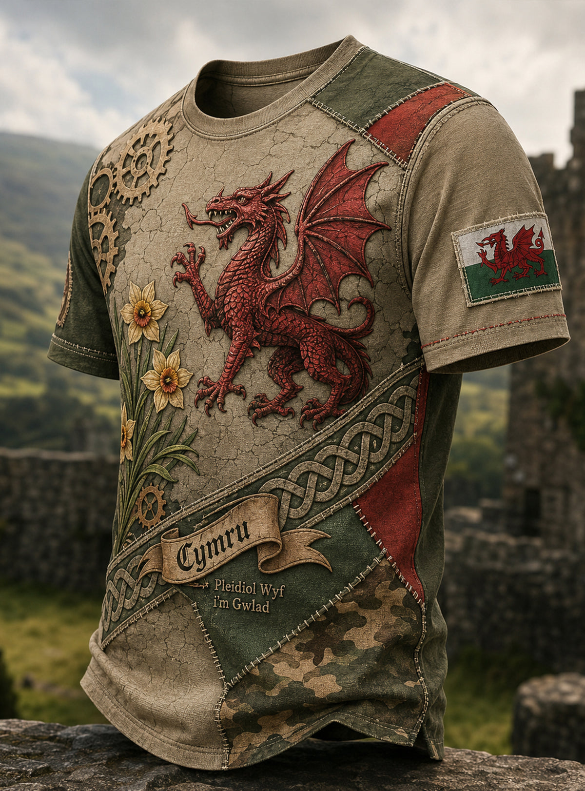 Men's Welsh Cultural Commemorative Element Art Print V-Neck T-Shirt