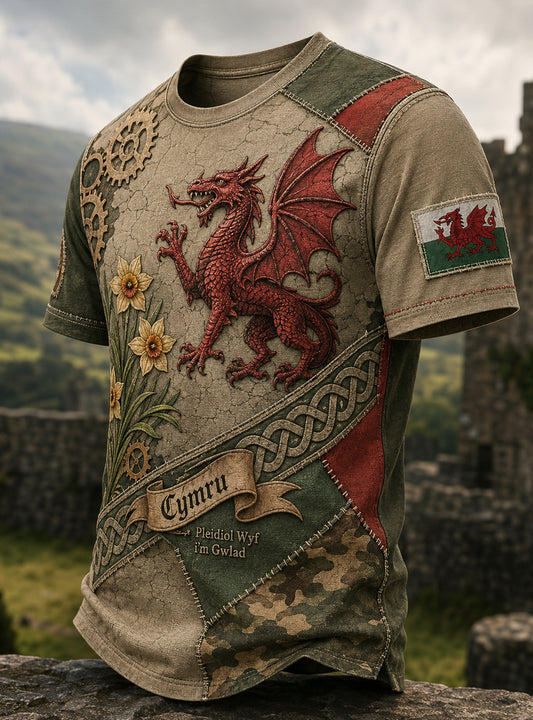 Men's Welsh Cultural Commemorative Element Art Print V-Neck T-Shirt