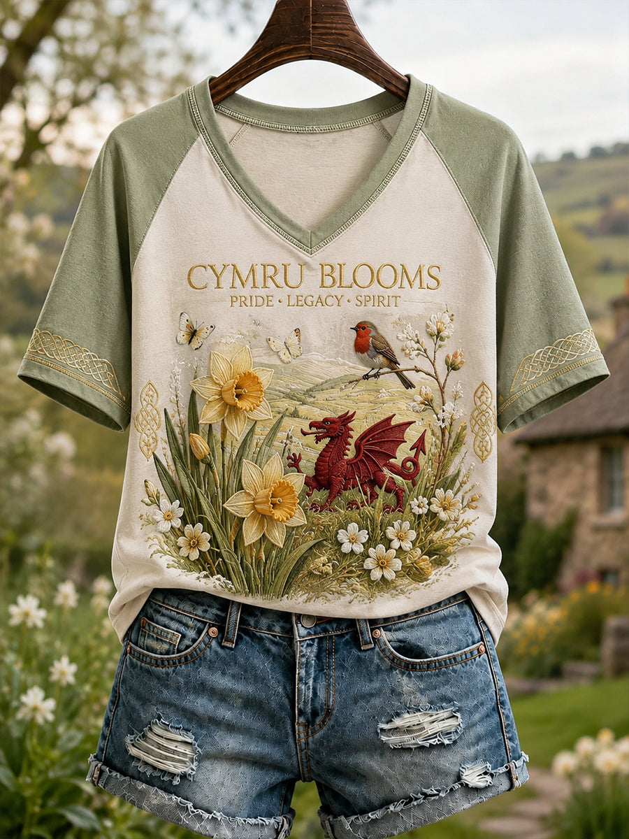 Women's Wales Uk  V-neck off-shoulder short-sleeved T-shirt