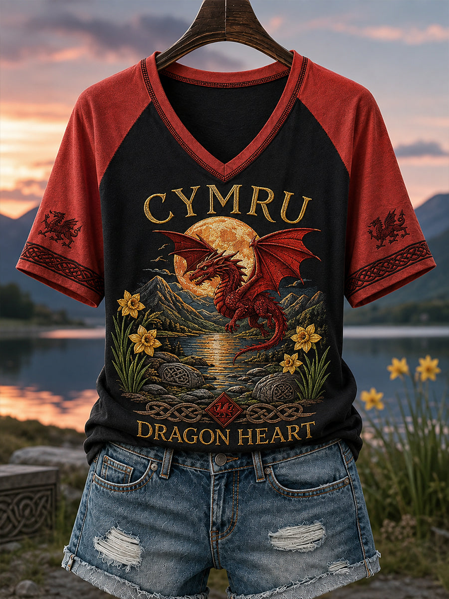 Women's Wales Uk  V-neck off-shoulder short-sleeved T-shirt
