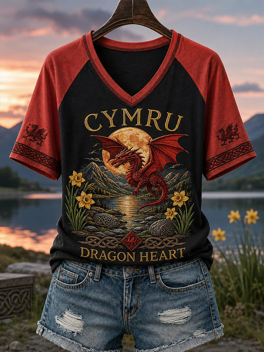 Women's Wales Uk  V-neck off-shoulder short-sleeved T-shirt