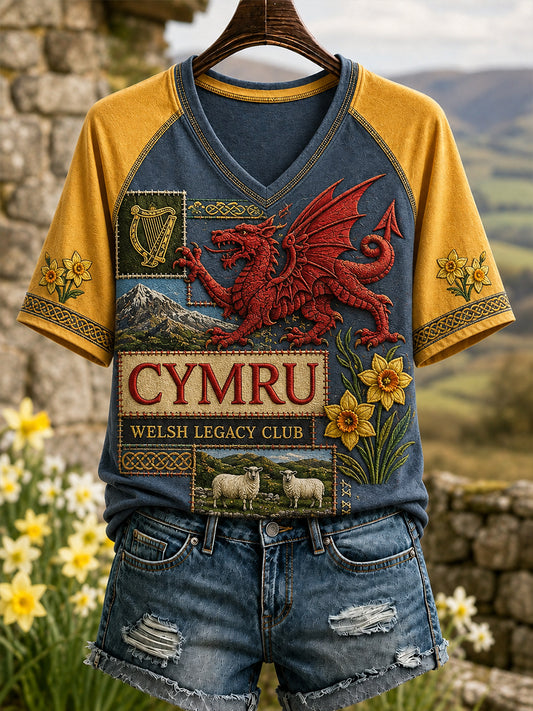 Women's Wales Uk  V-neck off-shoulder short-sleeved T-shirt
