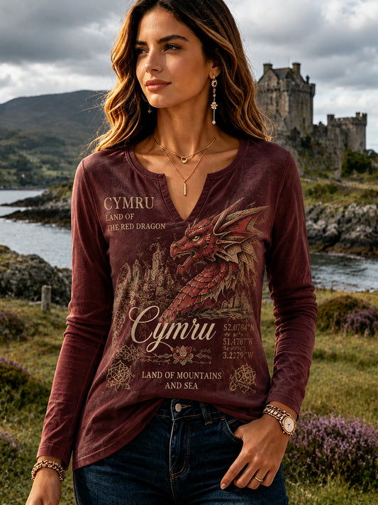 Women's Vintage British Welsh Patterned V-Neck T-Shirt