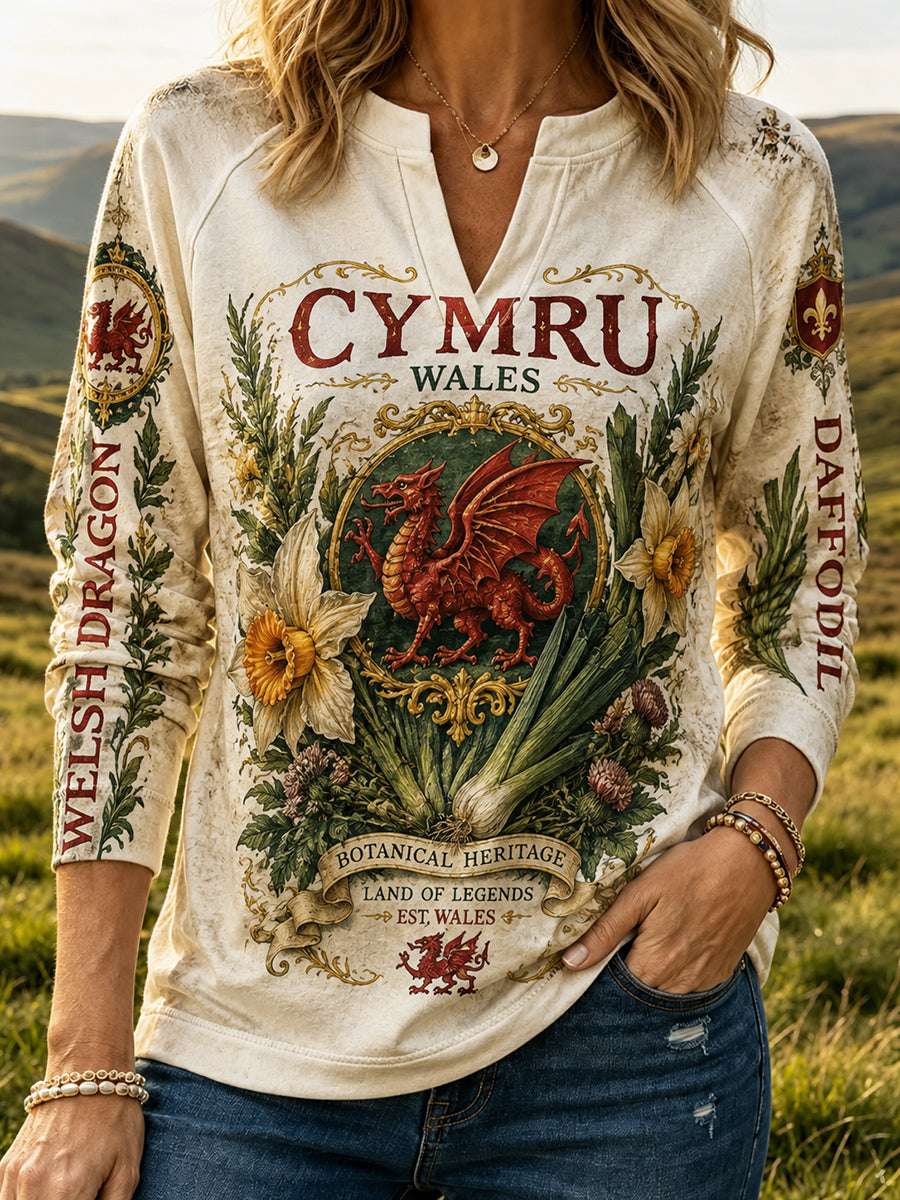 Women's Vintage British Welsh Patterned V-Neck Sweatshirt