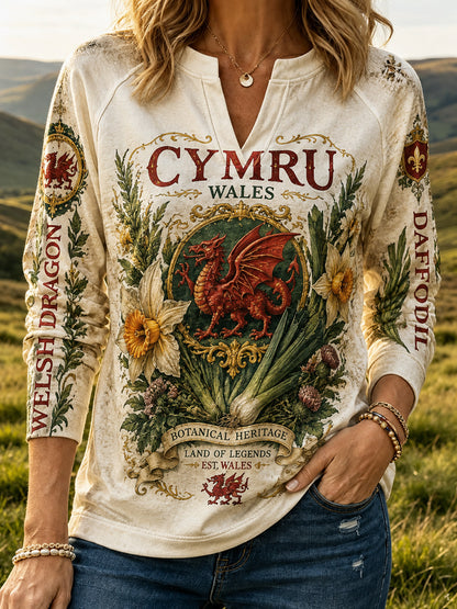 Women's Vintage British Welsh Patterned V-Neck Sweatshirt