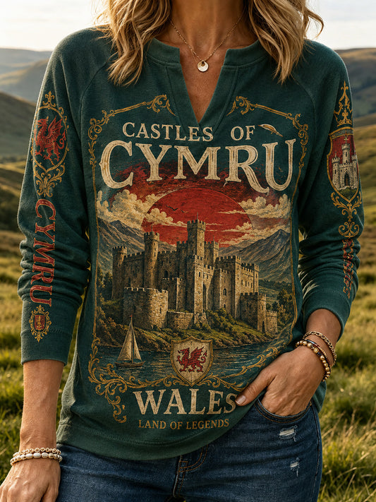 Women's Vintage British Welsh Patterned V-Neck Sweatshirt