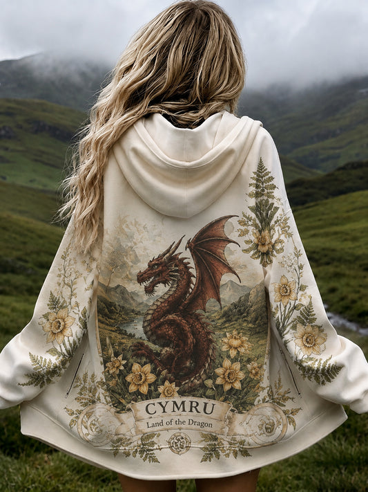 Women's Creative British Welsh-Style Printed Zip-Up Hoodie