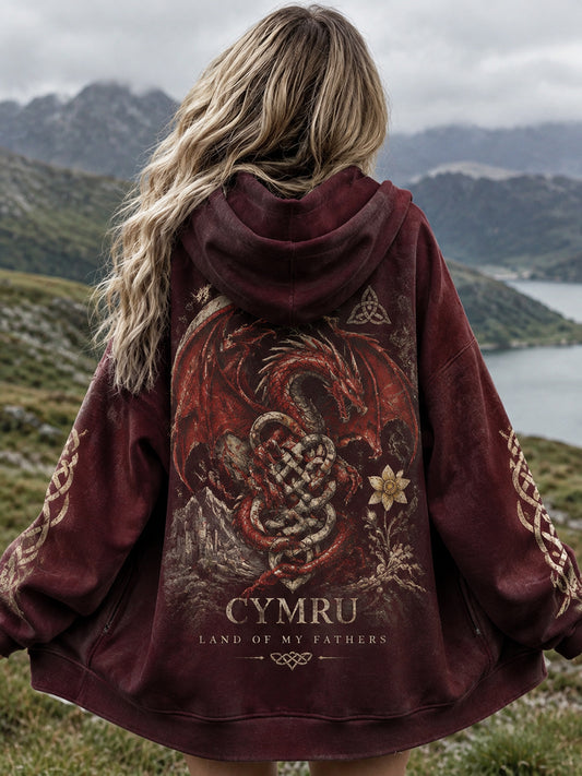 Women's Creative British Welsh-Style Printed Zip-Up Hoodie