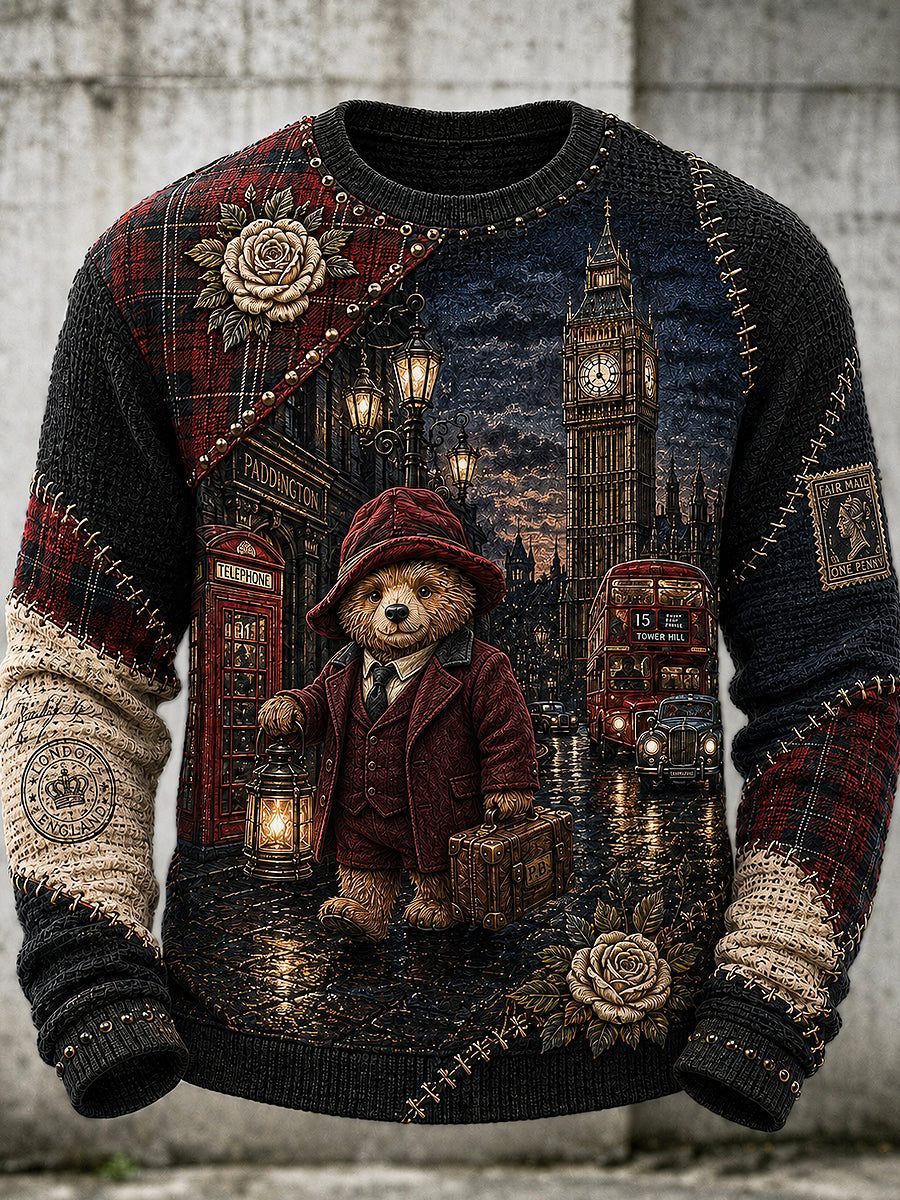 Men's London Bear Printed Waffle Long Sleeved Round Neck Sweatshirt