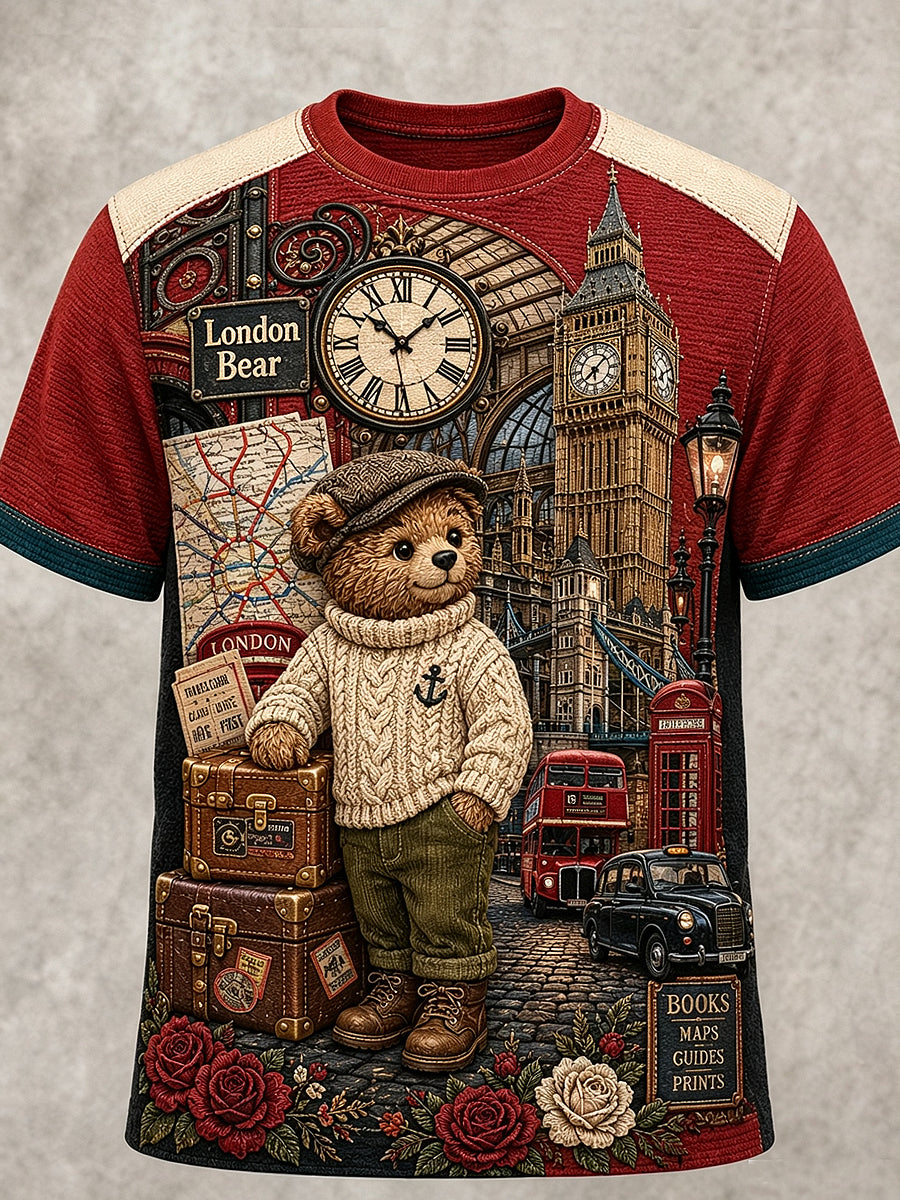 Men's London Bear Printed Vintage Fashion Loose Short Sleeve T-Shirt