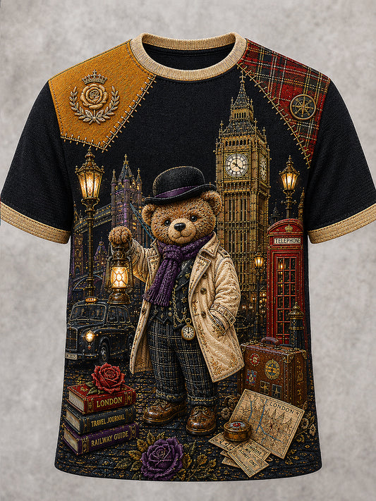 Men's London Bear Printed Vintage Fashion Loose Short Sleeve T-Shirt