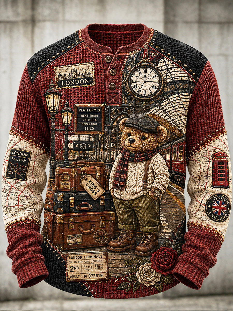 Men's London Bear Printed Waffle Long Sleeved Round Neck Henley Shirt