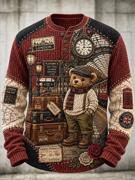 Men's London Bear Printed Waffle Long Sleeved Round Neck Henley Shirt