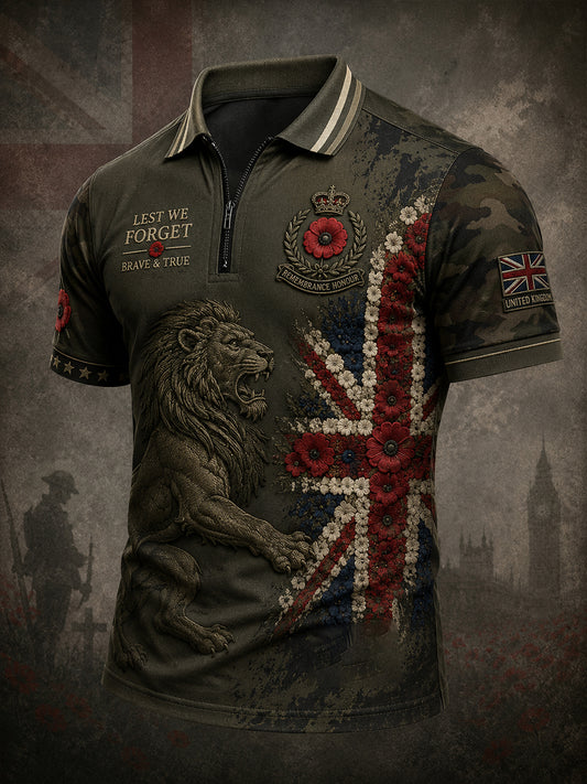 Men's Short-Sleeve Zip-Front Polo Shirt With Remembrance Day Themed Print