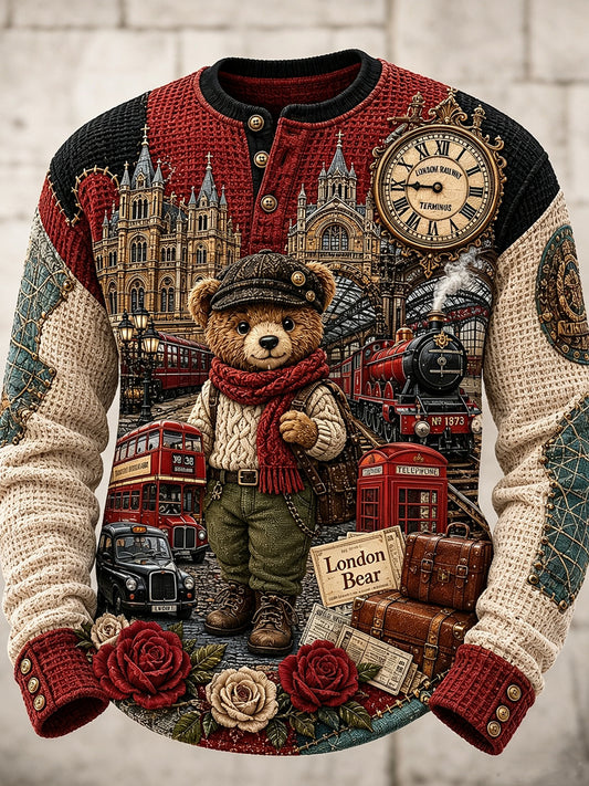 Men's London Bear Printed Waffle Long Sleeved Round Neck Henley Shirt
