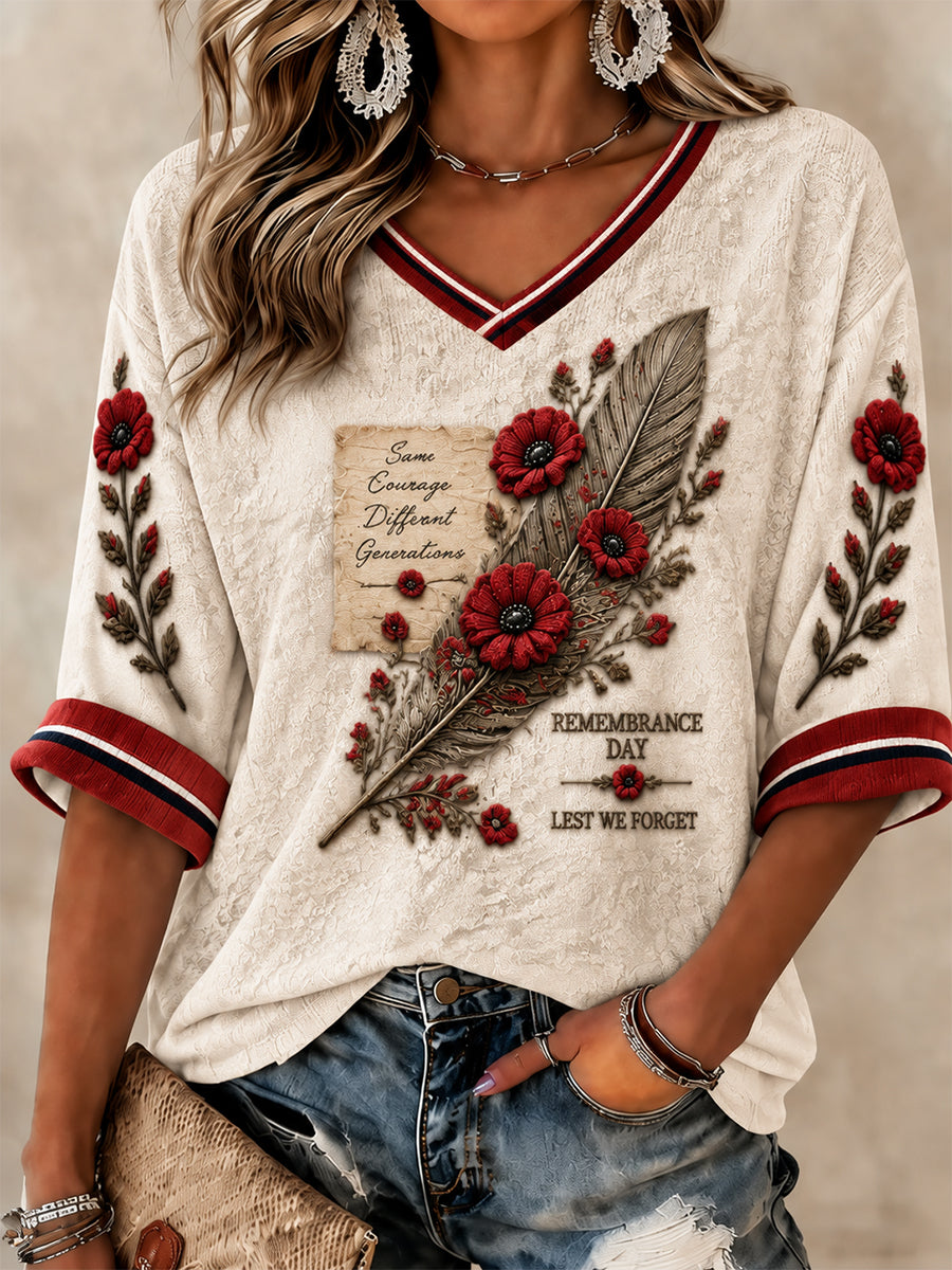 Women's Lest We Forget Printed Mid-length Sleeves V-neck T-shirt