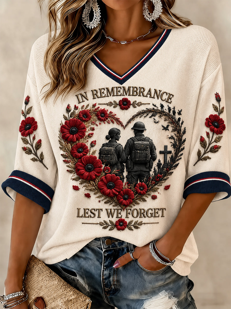 Women's Lest We Forget Printed Mid-length Sleeves V-neck T-shirt