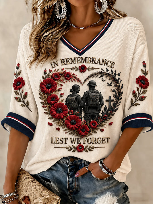 Women's Lest We Forget Printed Mid-length Sleeves V-neck T-shirt