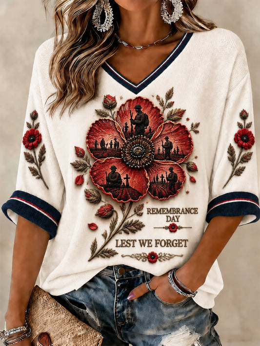 Women's Lest We Forget Printed Mid-length Sleeves V-neck T-shirt