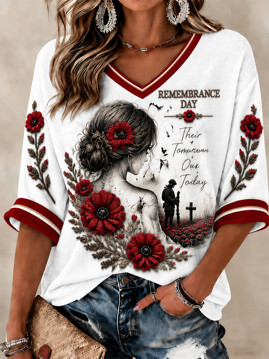 Women's Lest We Forget Printed Mid-length Sleeves V-neck T-shirt