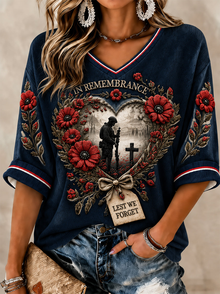 Women's Lest We Forget Printed Mid-length Sleeves V-neck T-shirt
