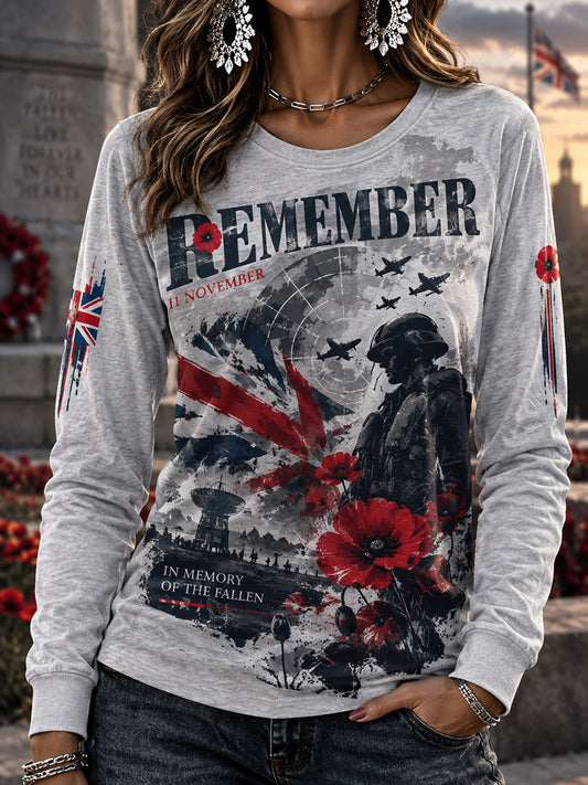 Women's British Remembrance Day Patterned Round Neck Long Sleeve T-shirt