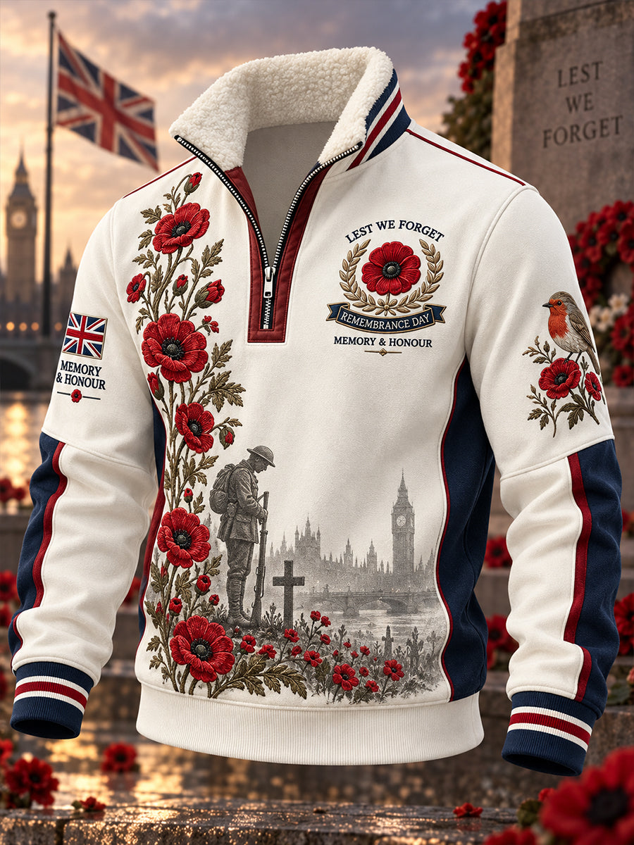 Men's Long-Sleeve Zip-Up Stand-Collar Top With Remembrance Day Themed Print