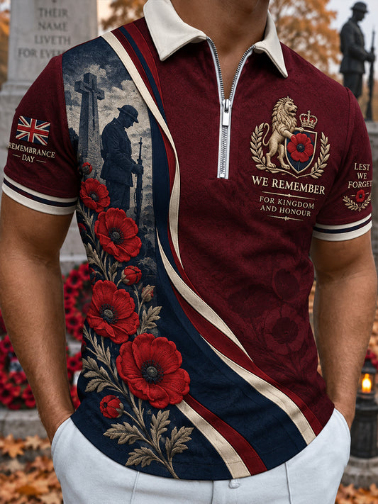 Men's Short-Sleeve Zip-Front Polo Shirt With Remembrance Day Themed Print