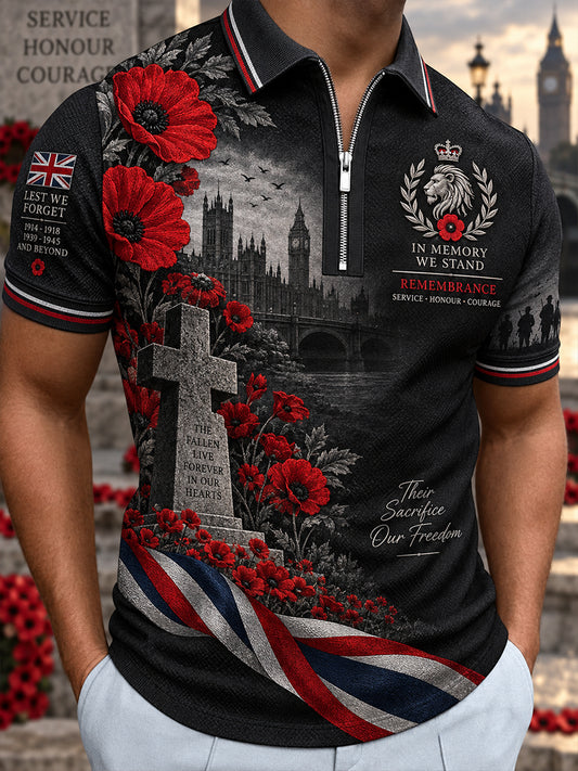 Men's Short-Sleeve Zip-Front Polo Shirt With Remembrance Day Themed Print